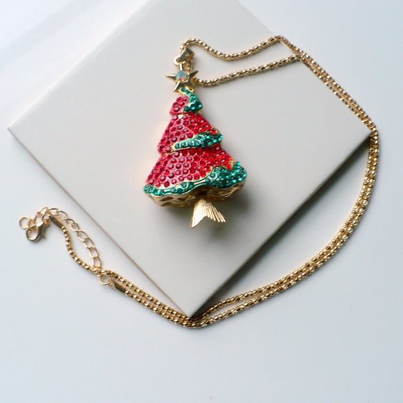 ❤️ NEW Christmas Necklace Red & Green Rhinestone Tree 24" Chain - Picture 5 of 5
